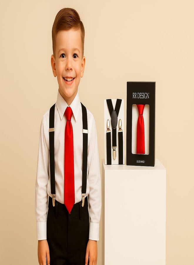 RR DESIGN Kids Formal Suspender and Necktie Set, Satin Tie with Black Y-Back Suspenders, Ages 1-10 Years (RED_Black) - Image 5