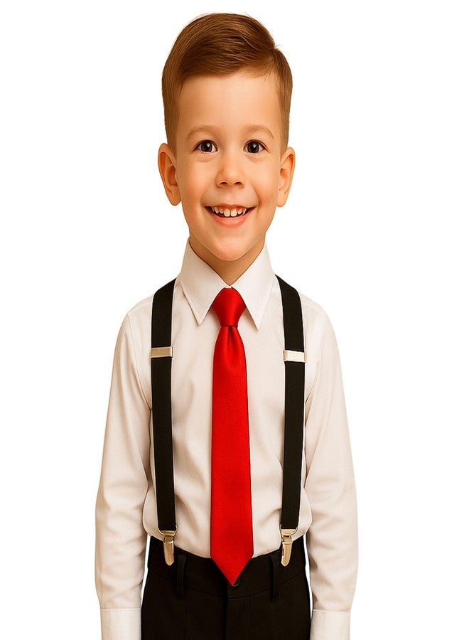 RR DESIGN Kids Formal Suspender and Necktie Set, Satin Tie with Black Y-Back Suspenders, Ages 1-10 Years (RED_Black) - Image 1