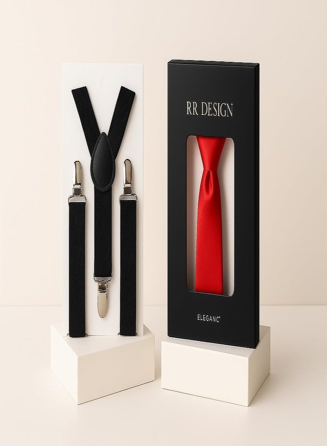 RR DESIGN Kids Formal Suspender and Necktie Set, Satin Tie with Black Y-Back Suspenders, Ages 1-10 Years (RED_Black) - Image 4