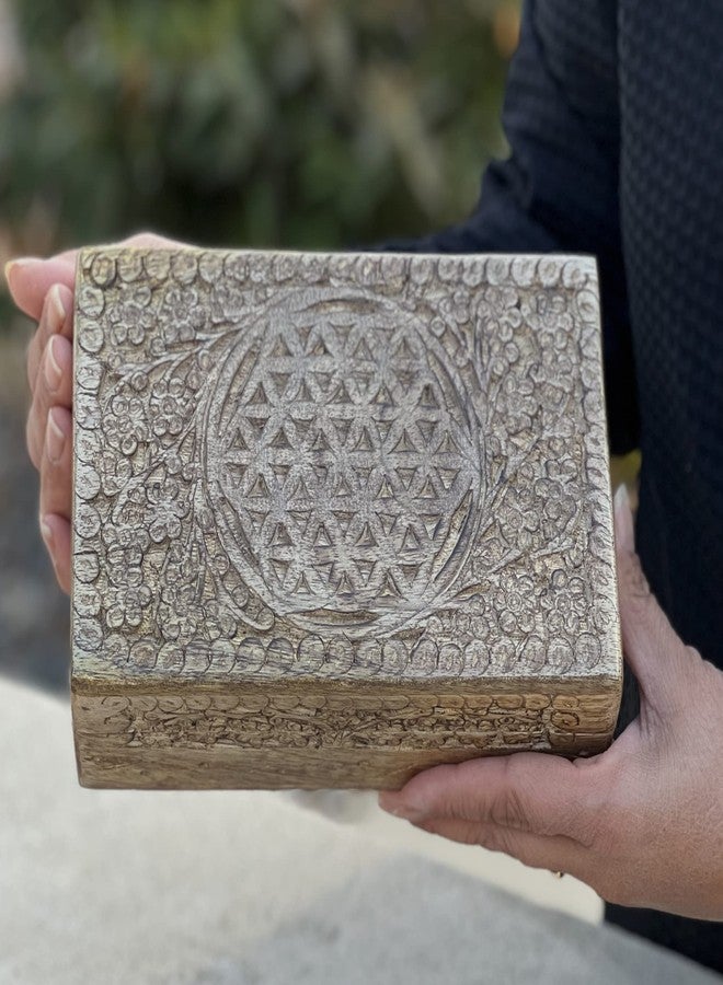 DharmaObjects Hand Carved Jewelry Trinket Keepsake Wooden Storage Box (Large, Flower Of Life) - Image 1