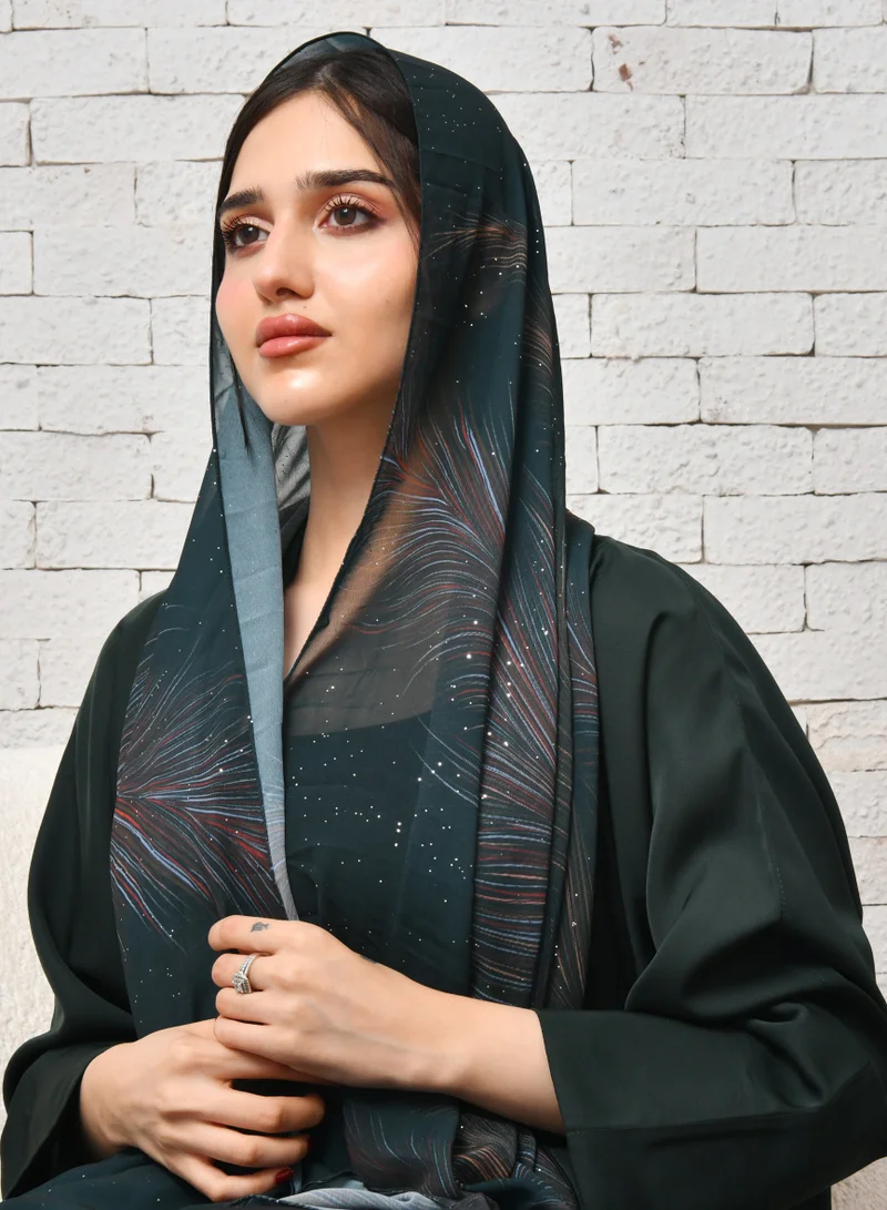 HAWRAA ABAYA Dark green silk scarf with palmateel motifs
