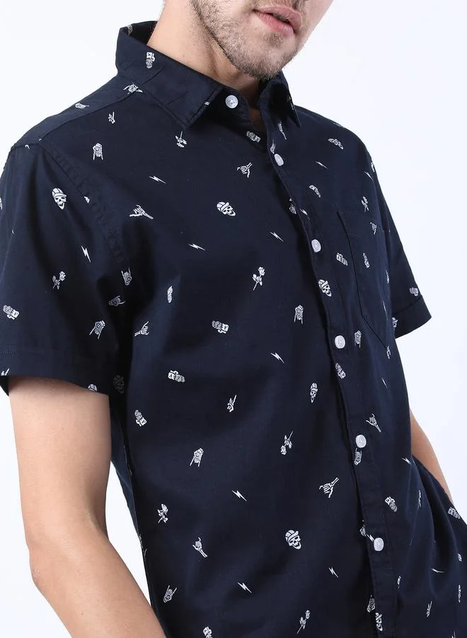 HIGHLANDER All Over Skull Print Slim Fit Shirt with Short Sleeves by Styli