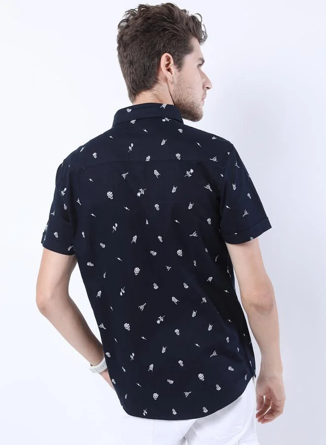 HIGHLANDER All Over Skull Print Slim Fit Shirt with Short Sleeves by Styli