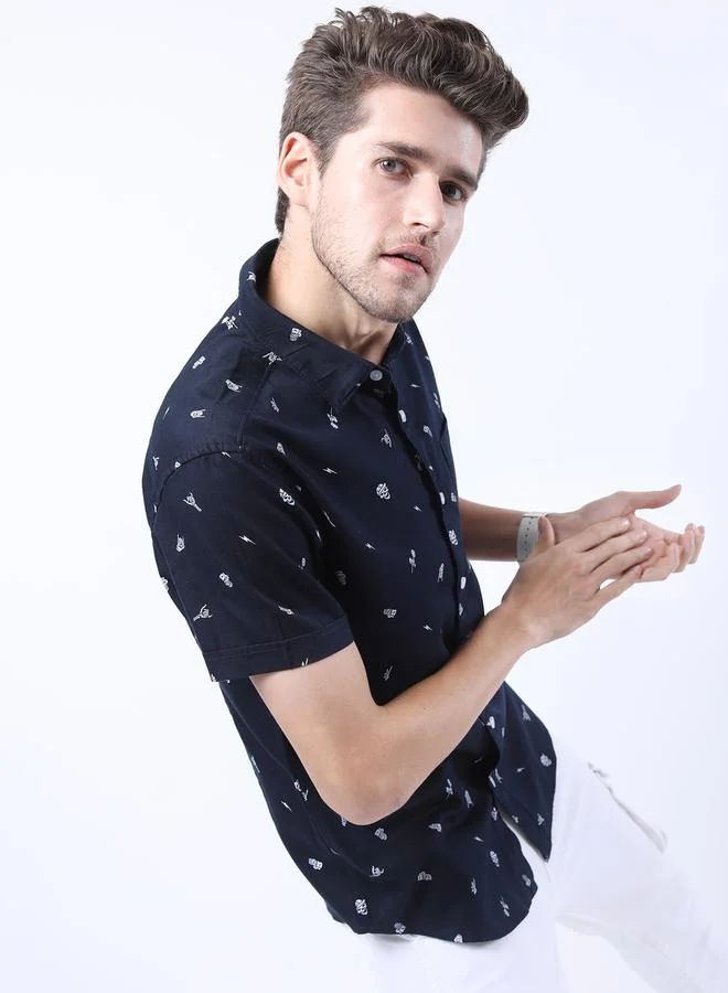 HIGHLANDER All Over Skull Print Slim Fit Shirt with Short Sleeves by Styli