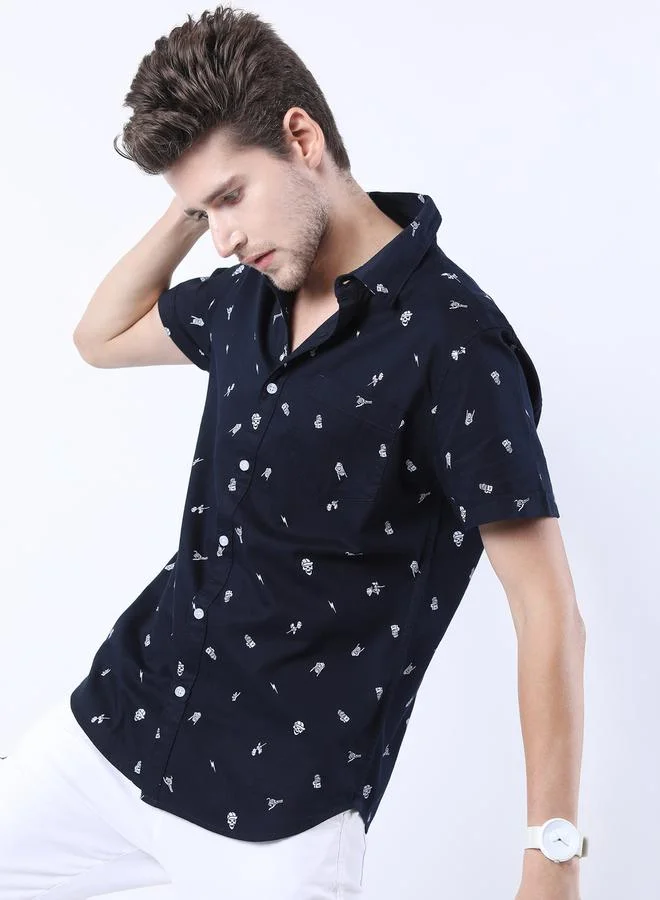 HIGHLANDER All Over Skull Print Slim Fit Shirt with Short Sleeves by Styli