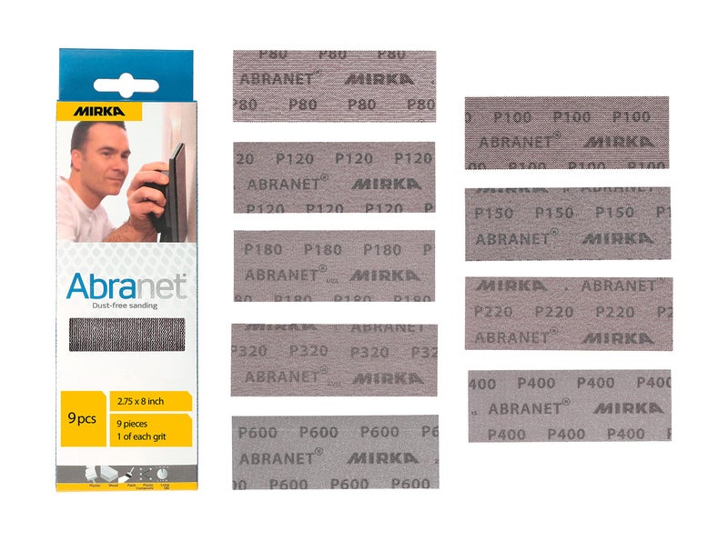Mirka أوراق شبكية ميركا أبرانت / 2.75 × 8 بوصة / مجموعة 1 من كل حبيبات 80، 100، 120، 150، 180، 220، 320، 400، 600 / ورق صنفرة شبكي مع خطاف وحلقة / 9 قطع / 9A-150-APRP - Image 1
