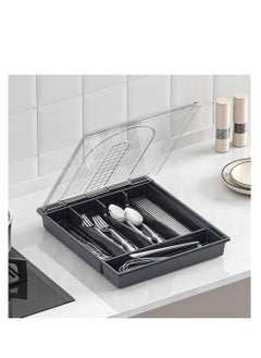 Generic Utensil Tray with Lid, 5 Compartments Covered Silverware Organizer Case, Plastic Tray for Drawer for Spoons Forks, Plastic Cutlery and Flatware Storage Box for Kitchen Drawer and Countertop (grey)  - Image 3