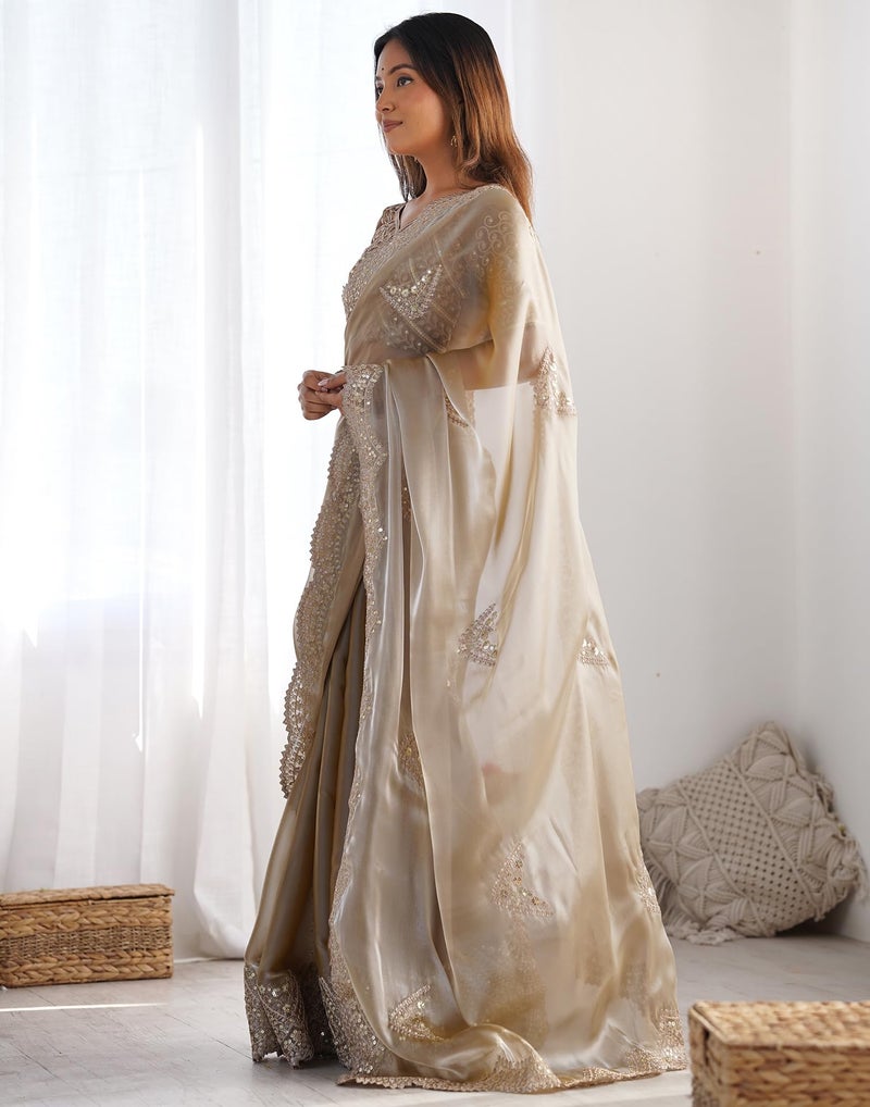 SIRIL Women's Organza Sequence Embroidery Scollped Border Saree With Unstitched Blouse Piece (4218S6634_Beige) - Image 2