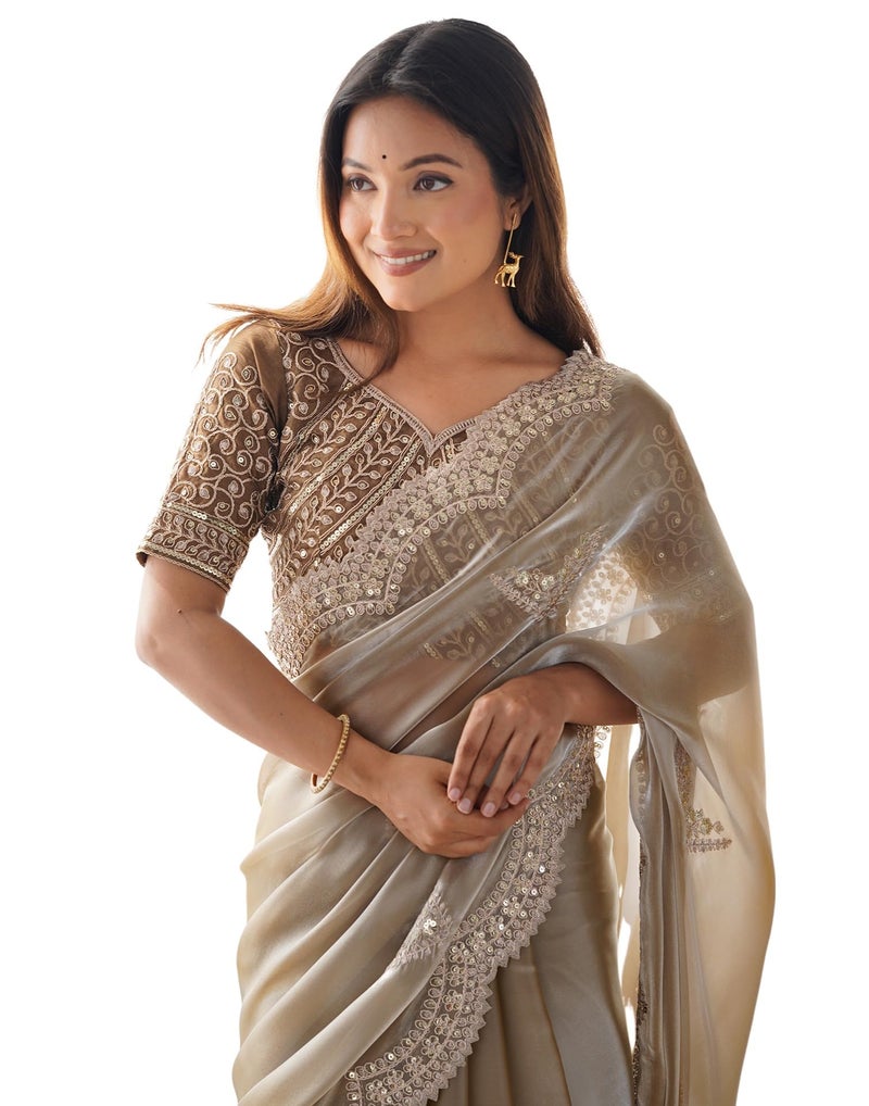 SIRIL Women's Organza Sequence Embroidery Scollped Border Saree With Unstitched Blouse Piece (4218S6634_Beige) - Image 1