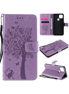 HuHa Case Cover For For Google Pixel 4a 5G / Pixel 5 XL Tree & Cat Embossed Pattern Horizontal Flip Leather Case with Holder & Card Slots & Wallet & Lanyard(Light Purple) 
