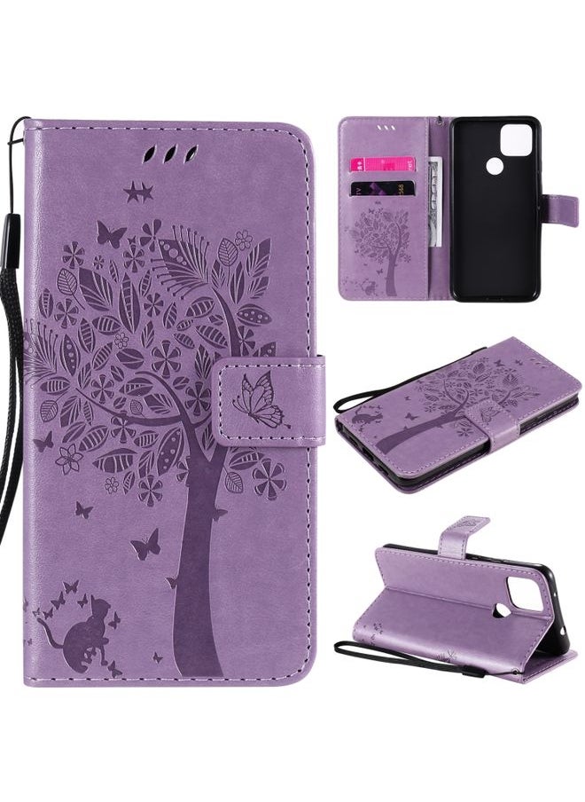 HuHa - Case Cover For For Google Pixel 4a 5G / Pixel 5 XL Tree & Cat Embossed Pattern Horizontal Flip Leather Case with Holder & Card Slots & Wallet & Lanyard(Light Purple) - Image 1