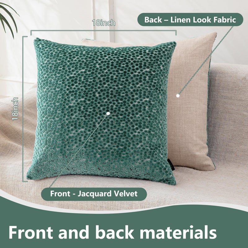 FIFU أغطية وسائد زخرفية 2-pack بحجم 18x18 بوصة - أمامية من المخمل جاكار مع ظهر يشبه الكتان، سحاب غير مرئي، قشور وسائد قابلة للغسل في الغسالة لغرفة المعيشة، غرفة النوم والأريكة المنزلية، أخضر مزرق - Image 3