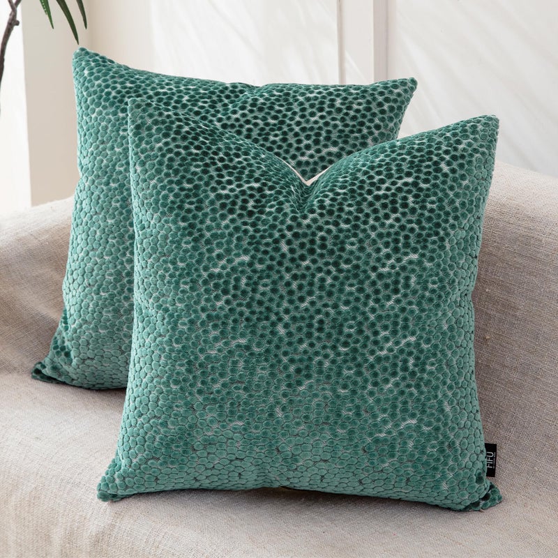 FIFU أغطية وسائد زخرفية 2-pack بحجم 18x18 بوصة - أمامية من المخمل جاكار مع ظهر يشبه الكتان، سحاب غير مرئي، قشور وسائد قابلة للغسل في الغسالة لغرفة المعيشة، غرفة النوم والأريكة المنزلية، أخضر مزرق - Image 1