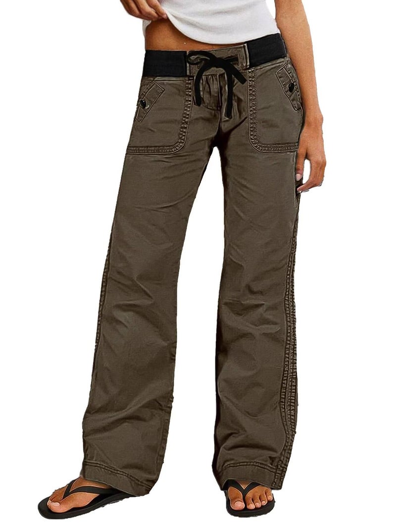 Flamingals Straight Leg Pants for Women Drawstring Waist Mid Rise Casual Solid Seam Detail Pants Chocolate L - Image 1