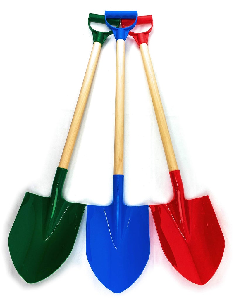 Matty's Toy Stop 31" Heavy Duty Wooden Kids Sand Shovels with Plastic Spade & Handle (Red, Blue & Green) Complete Gift Set Bundle - 3 Pack - Image 1