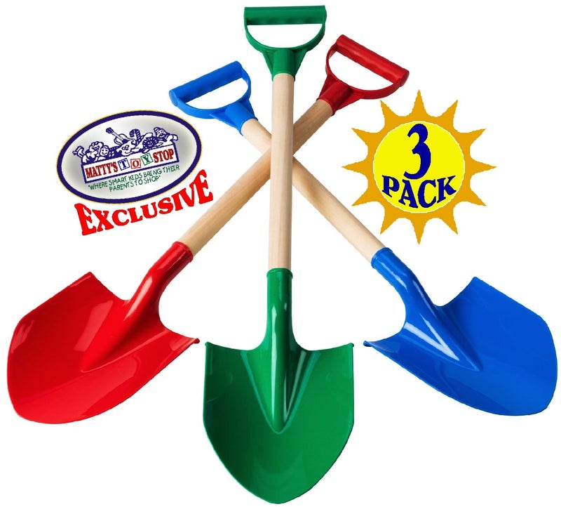 Matty's Toy Stop 31" Heavy Duty Wooden Kids Sand Shovels with Plastic Spade & Handle (Red, Blue & Green) Complete Gift Set Bundle - 3 Pack - Image 2