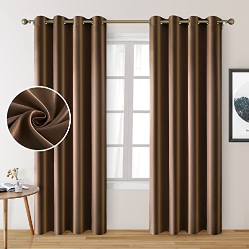 HOMEIDEAS 2 Panels Chocolate Faux Silk Blackout Curtains, 52 X 96 Inch Room Darkening Satin Thermal Insulated Window Drapes for Bedroom, Indoor, Nursery - Image 1