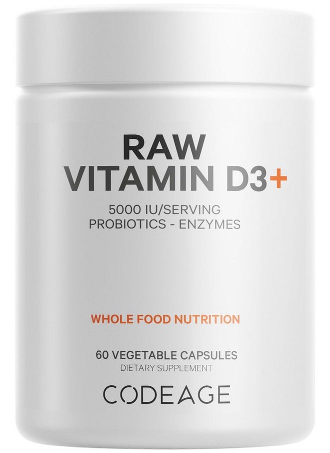 Codeage Codeage Raw Vitamin D3+ High Potency 5000 IU Supplement from Saccharomyces Cerevisiae - Raw Vitamin, Probiotics, Digestive Enzymes, Fruits & Greens - 2-Month Supply - 60 Capsules  - Image 1