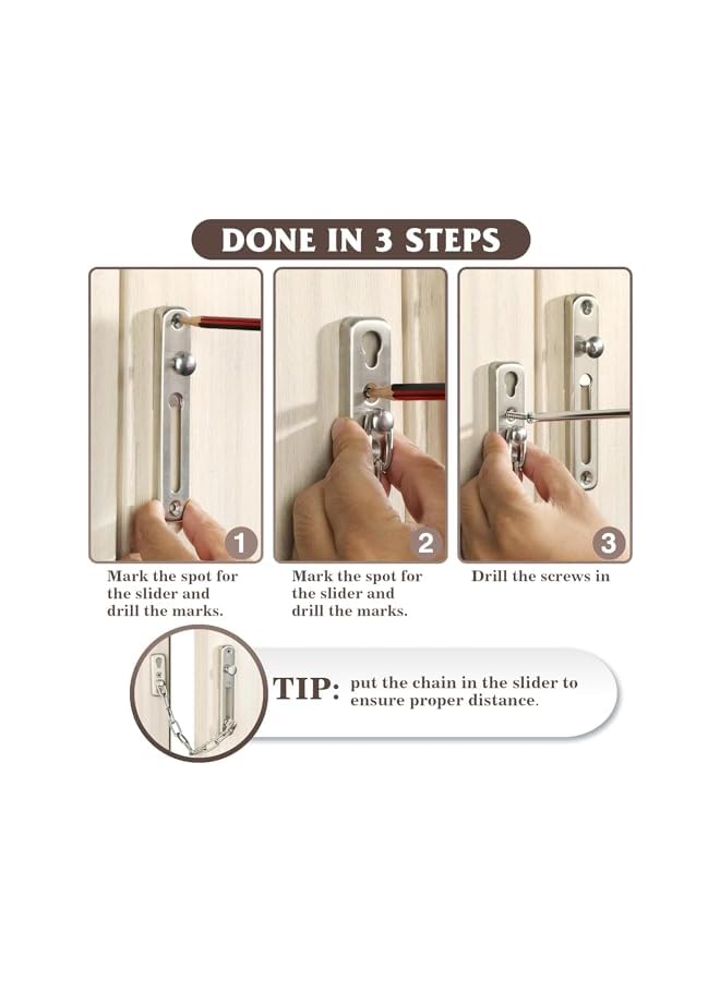 PROMASS Chain Door Guard Lock，Door Chain Locks with Safety Spring Anti-Theft Press Latch,Chain Locks for Inside Door and Extra Front Door Lock, Brushed Nickel - Image 5