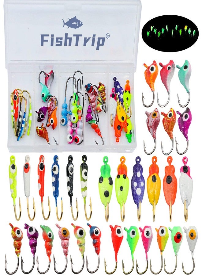 FishTrip Ice Fishing Jigs Kit, 30Pcs Glow Ice Fishing Lure Set for Winter Ice Jigging Crappie Sunfish Perch Panfish Walleye Pike Jigs, Ice Fishing Gear with Storage Box - Image 1