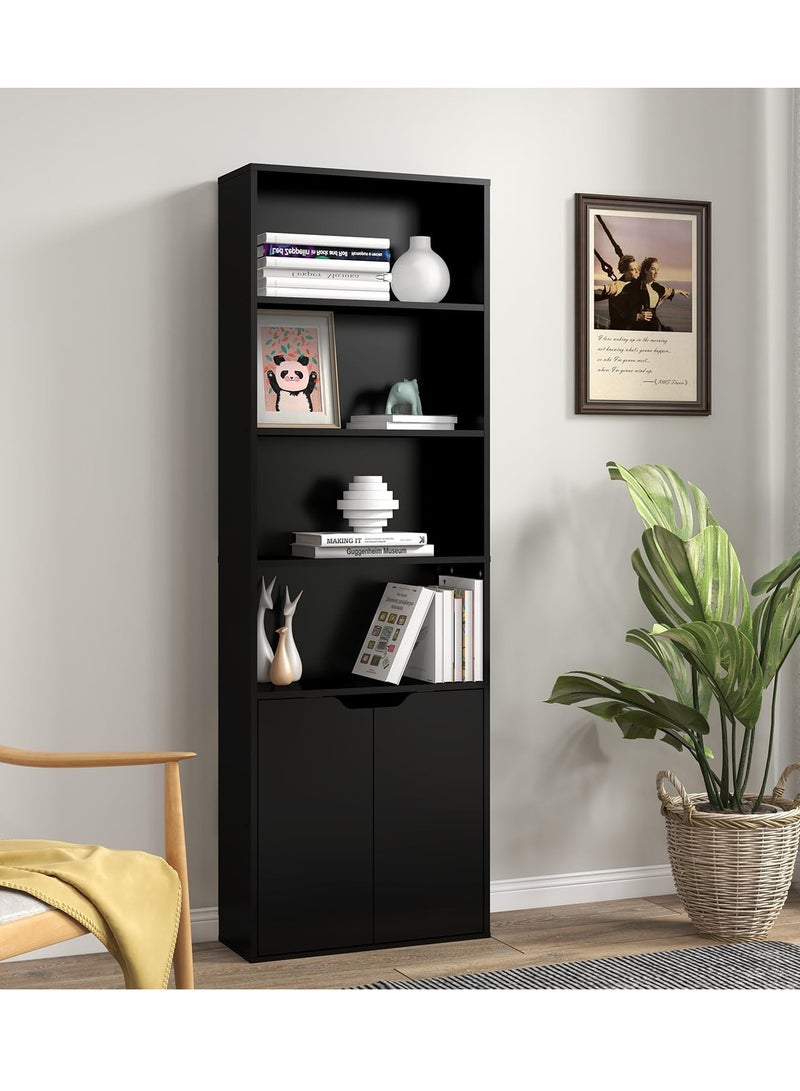 مودرن هوم مكتبة سوداء حديثة بستة رفوف – منظم للتخزين والعرض، مثالية للمكاتب والمنازل - Image 1