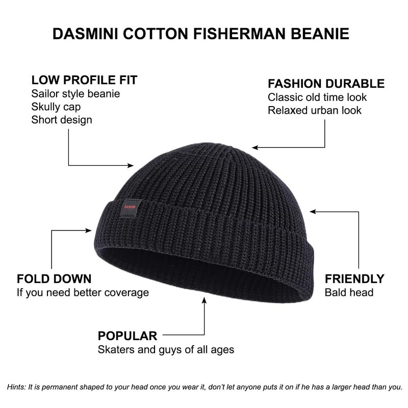 DASMINI Fisherman Beanie Hats for Men Women,Knit Trawler Rollup Edge Skull Cap,Watch Cap,Docker Beanie Spring Fall Short Mini Hats (Black, Size M) - Image 5
