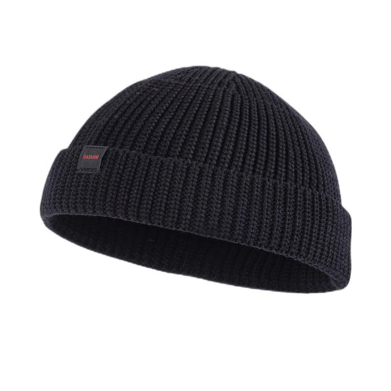 DASMINI Fisherman Beanie Hats for Men Women,Knit Trawler Rollup Edge Skull Cap,Watch Cap,Docker Beanie Spring Fall Short Mini Hats (Black, Size M) - Image 1