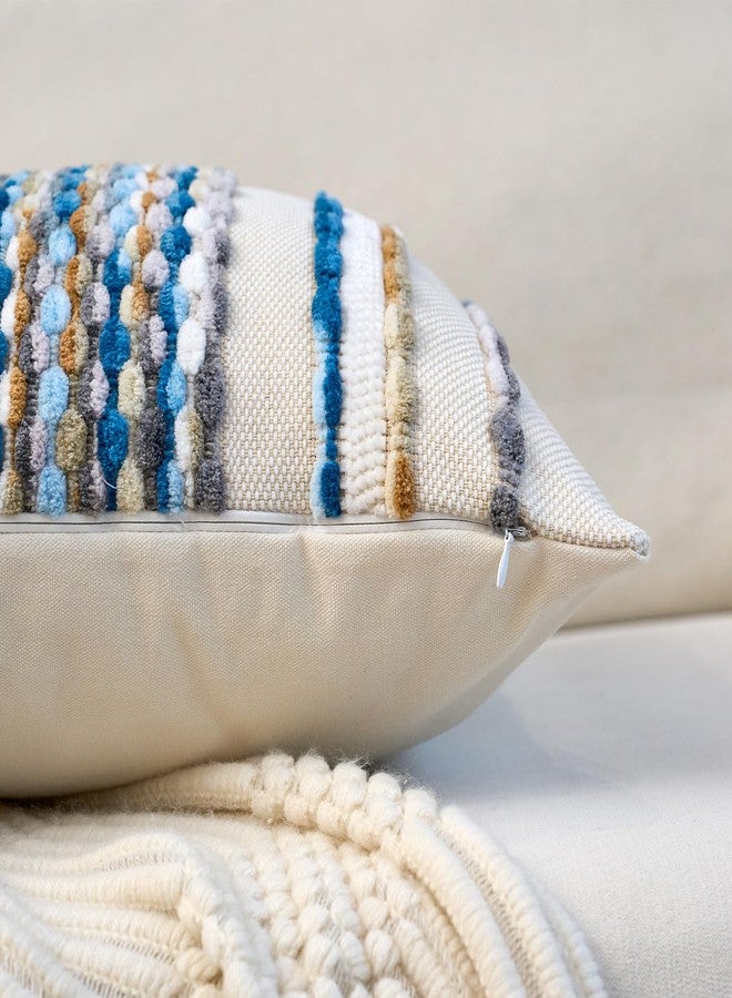 Aeckself Boho Pillow Covers 18x18 Inch Set of 2, Farmhouse Decorative Striped Square Chenille Tufted Accent Neutral Throw Pillow Covers for Living Room Couch Bed, Sky Blue - Image 3