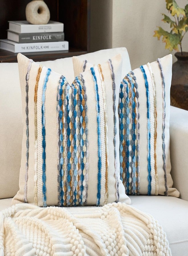 Aeckself Boho Pillow Covers 18x18 Inch Set of 2, Farmhouse Decorative Striped Square Chenille Tufted Accent Neutral Throw Pillow Covers for Living Room Couch Bed, Sky Blue - Image 1