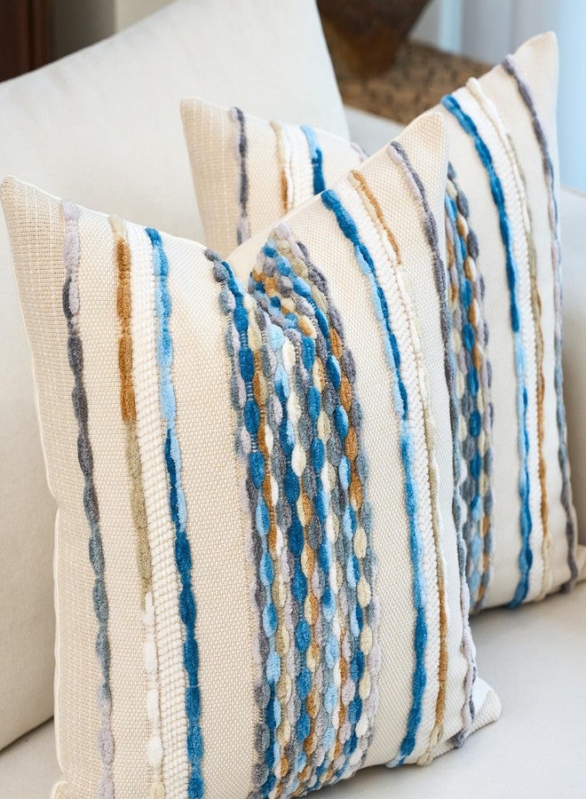 Aeckself Boho Pillow Covers 18x18 Inch Set of 2, Farmhouse Decorative Striped Square Chenille Tufted Accent Neutral Throw Pillow Covers for Living Room Couch Bed, Sky Blue - Image 2