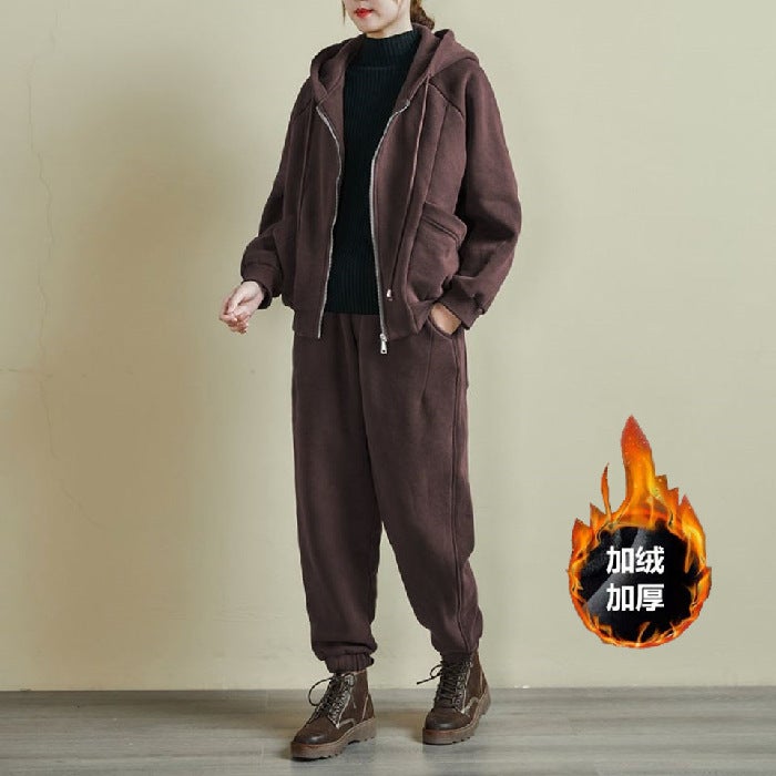 Womens Fleece-Lined Hoodie Casual Suit Black - Image 2