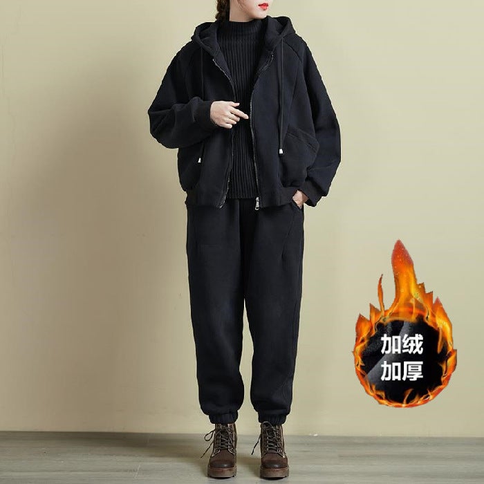 Womens Fleece-Lined Hoodie Casual Suit Black - Image 1
