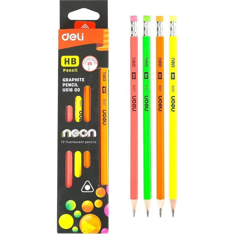 Deli u516 neon fluroscent hb graphite pencil pack of 12 pencils - multi color