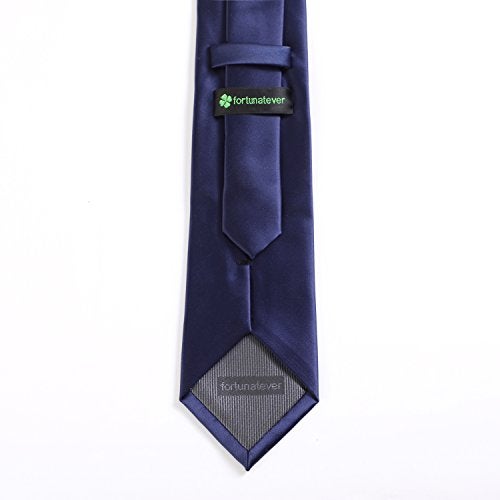 fortunatever Mens Solid Satin Neckties With Gift Box+Pocket Square(Navy Blue) - Image 2