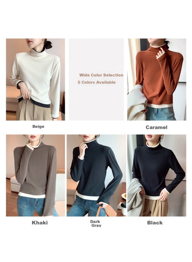 Langsha Women's Winter  New Faux Two-piece Thermal Slim Fit Turtleneck Long Sleeve Top With German Velvet Warm Base Layer