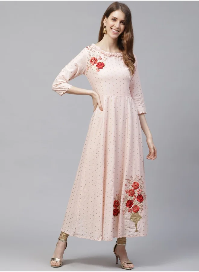 آي شين Aline Fit Self Design Pattern Round Neck Neck Three-Quarter Sleeves Peach Colour Woven Cotton Kurtas for Women with Semi Elastic Closure - An Ideal Pick for Any Occasion