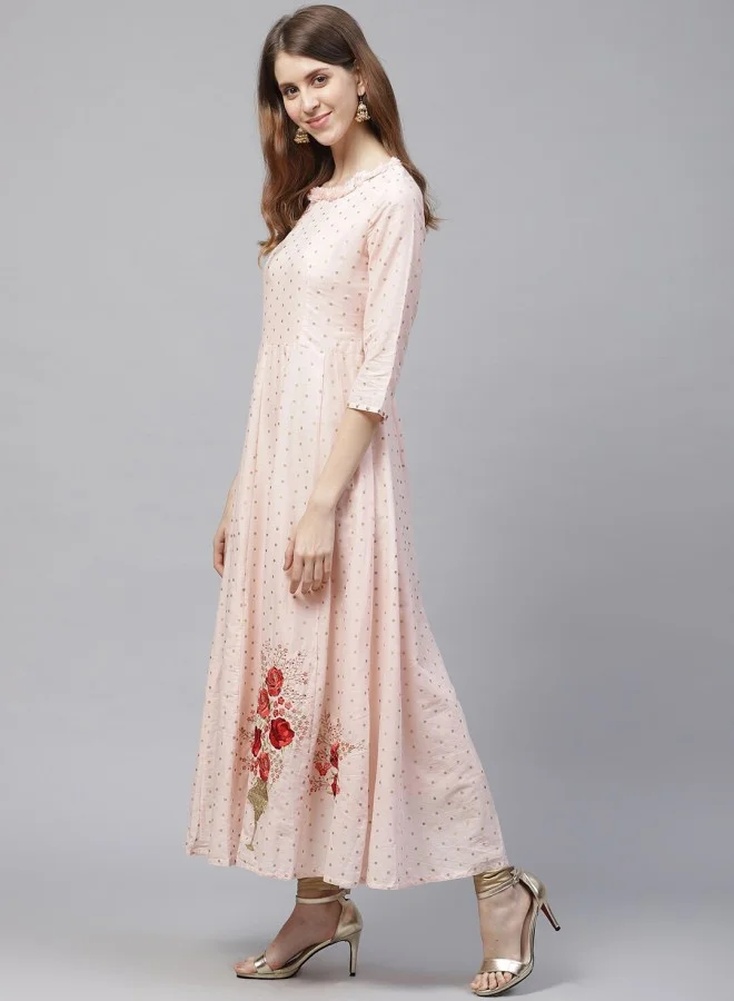 ISHIN Women's Peach 100% Cotton Self Design A-Line Kurta