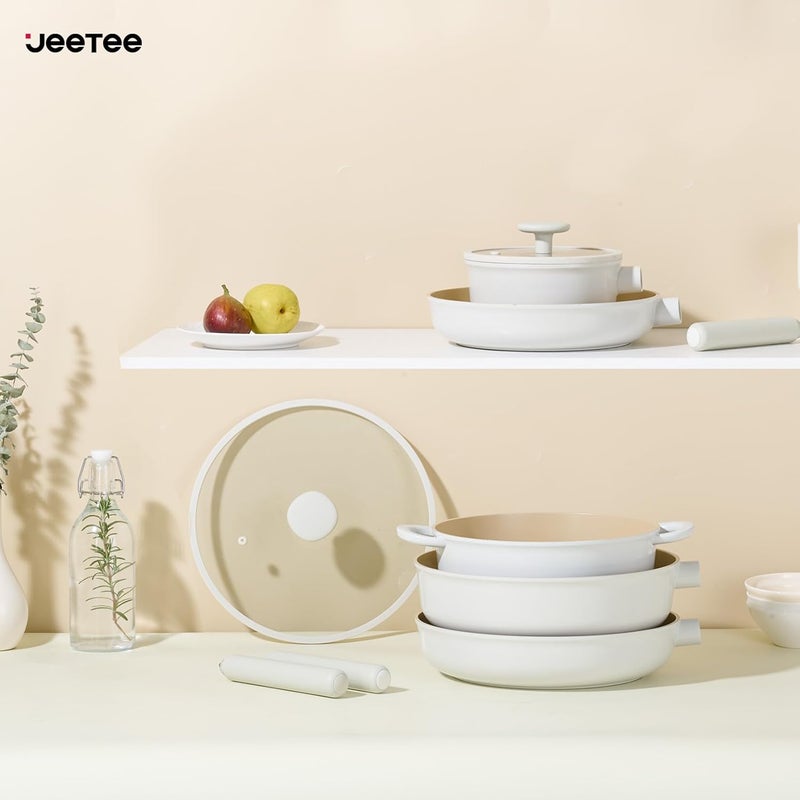 JEETEE Ceramic Cookware Set, 16 PCS Pots and Pans Set Non Stick with Removable Handles, Non Toxic Induction Kitchen Cookware Sets, Dishwasher/Oven Safe PFAS/PFOA Free Cream - Image 5