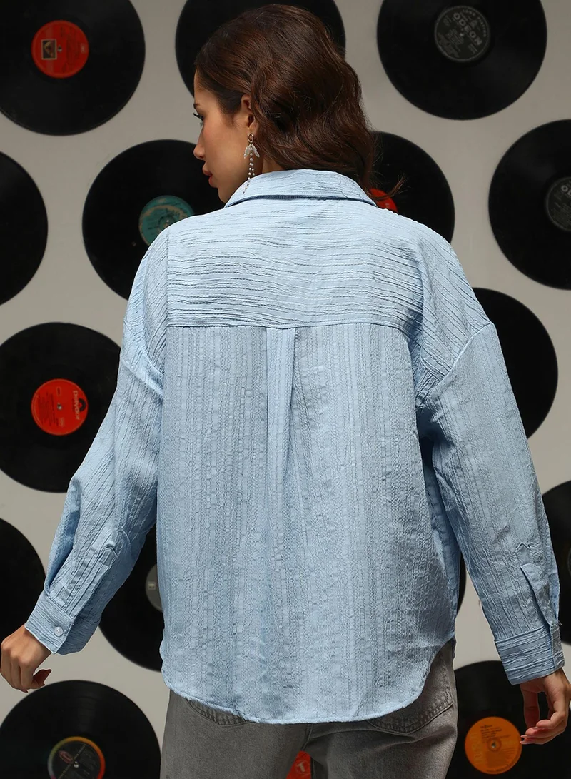 Campus Sutra Women's Sky Blue Ruched Oversized Shirt