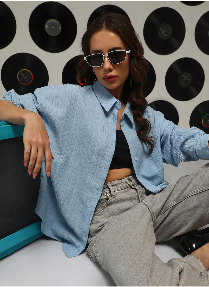 Campus Sutra Women's Sky Blue Ruched Oversized Shirt