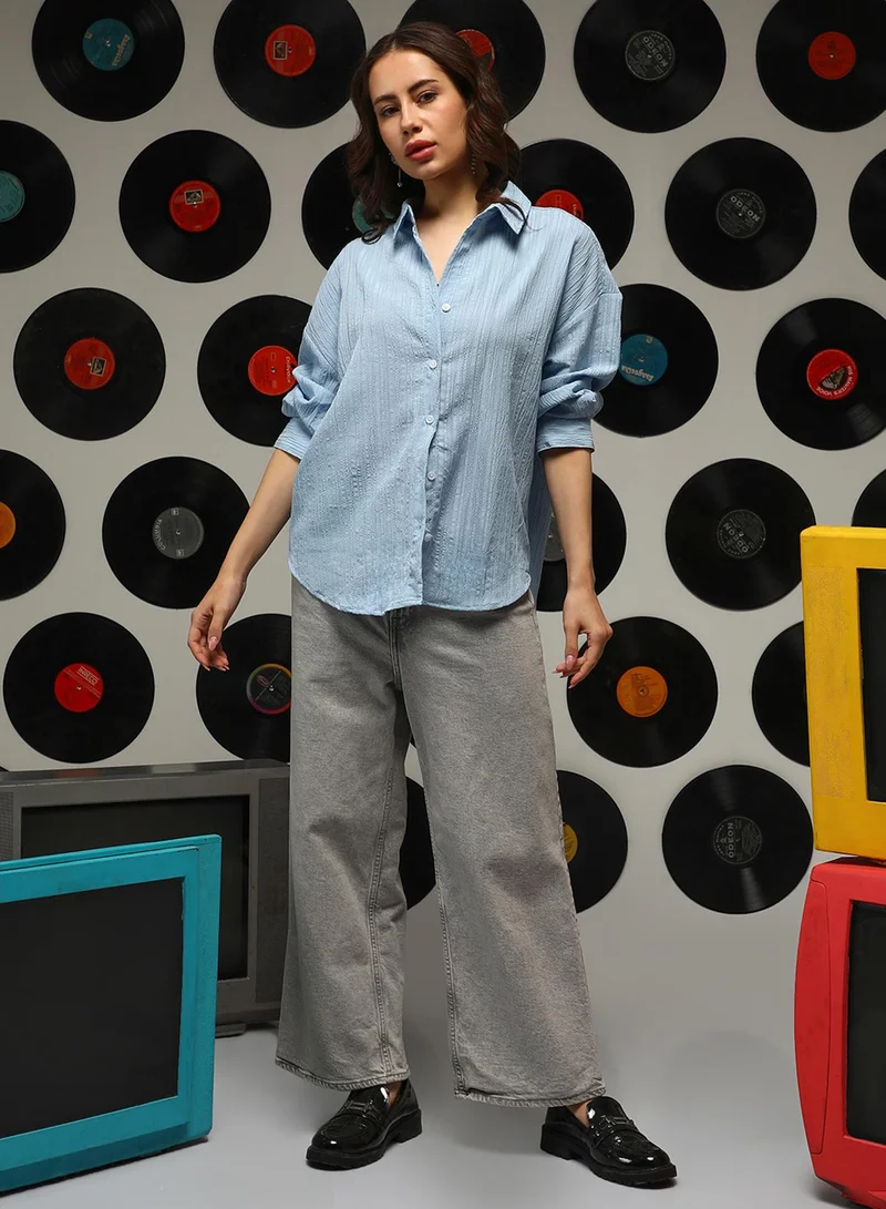 Campus Sutra Women's Sky Blue Ruched Oversized Shirt