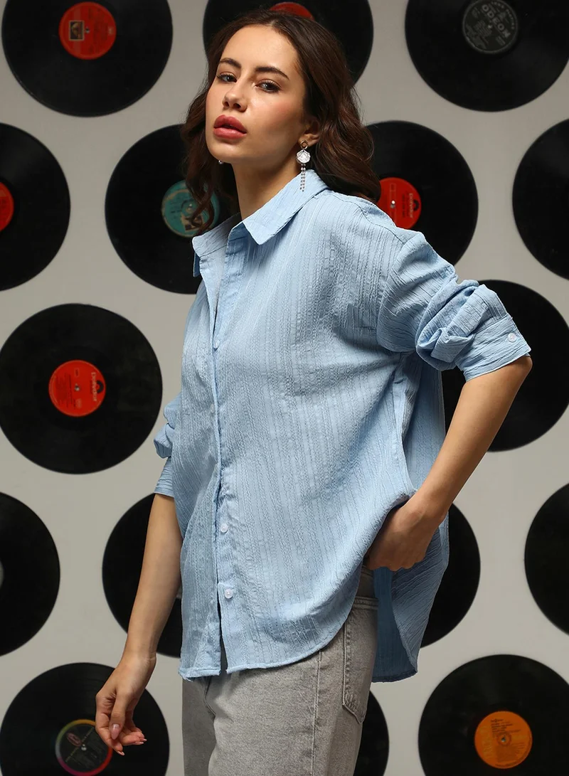 Campus Sutra Women's Sky Blue Ruched Oversized Shirt