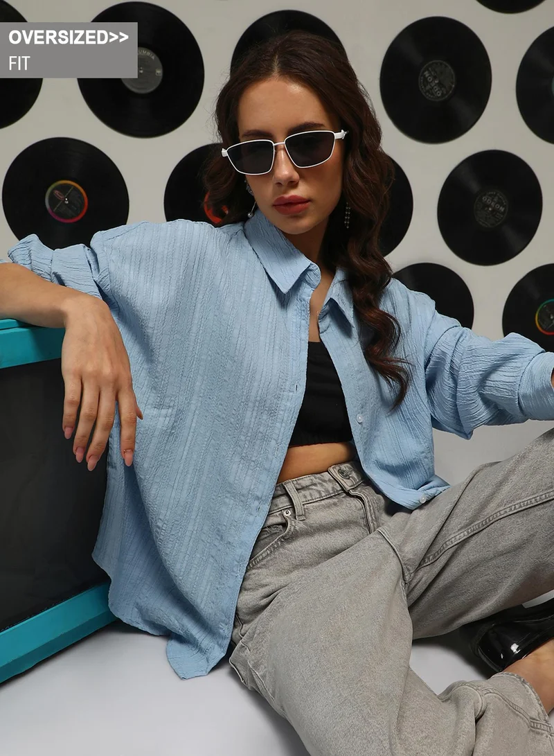 Campus Sutra Campus Sutra Women's Sky Blue Ruched Oversized Shirt For Casual Wear | Spread Collar | Long Sleeves | Button Closure | Oversized Shirt Crafted With Comfort Fit For Everyday Wear