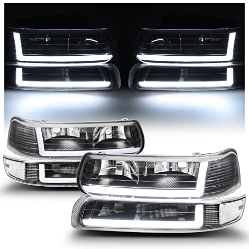 M-AUTO LED DRL Strip Headlights+2 Bumper Lamps Compatible with 99-02 Chevy Silverado 1500HD 2500HD 3500HD, 00-06 Chevy Suburban 1500 2500 Tahoe, Driver and Passenger Side - Image 1