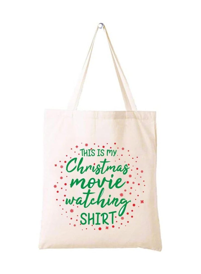 Christmas Canvas Tote Bag | This Is My Christmas Movie Watching Shirt Print | Cotton Holiday Gift Bag For Travel And Festive Use - Image 1