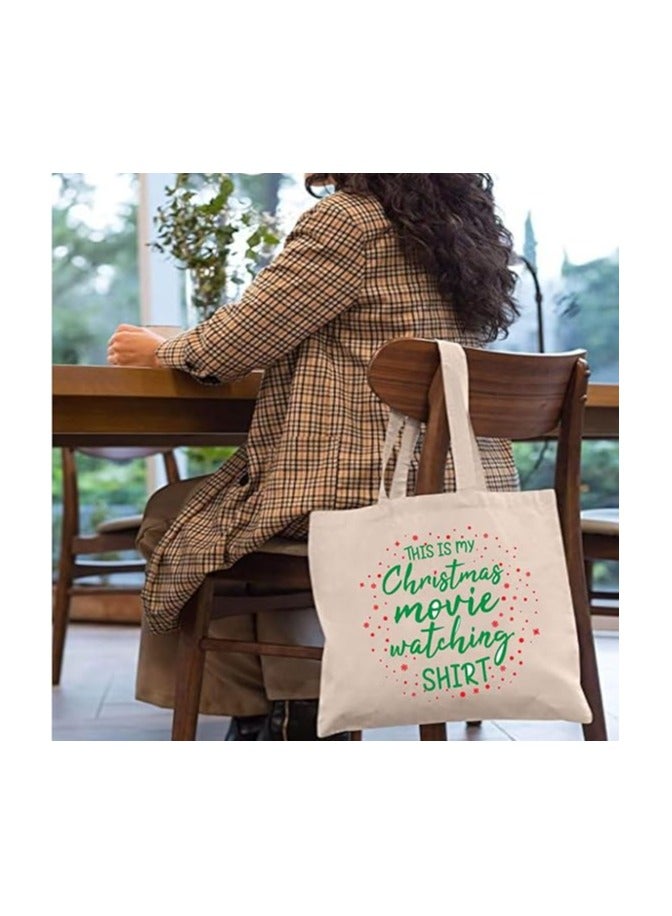 Christmas Canvas Tote Bag | This Is My Christmas Movie Watching Shirt Print | Cotton Holiday Gift Bag For Travel And Festive Use - Image 3