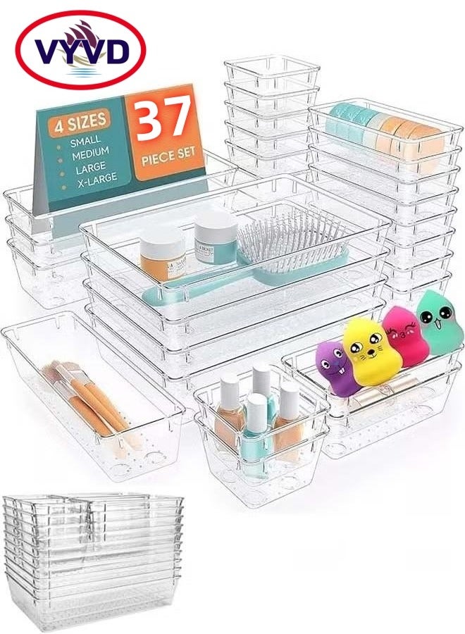 رحلة التنوعD مجموعة منظمات درج بلاستيكية شفافة تتألف من 37 قطعة، 4 أحجام من صواني منظمة للأدراج تستخدم لتنظيم مستحضرات التجميل والمجوهرات وأدوات المطبخ والأجهزة وملحقات المكتب - Image 1