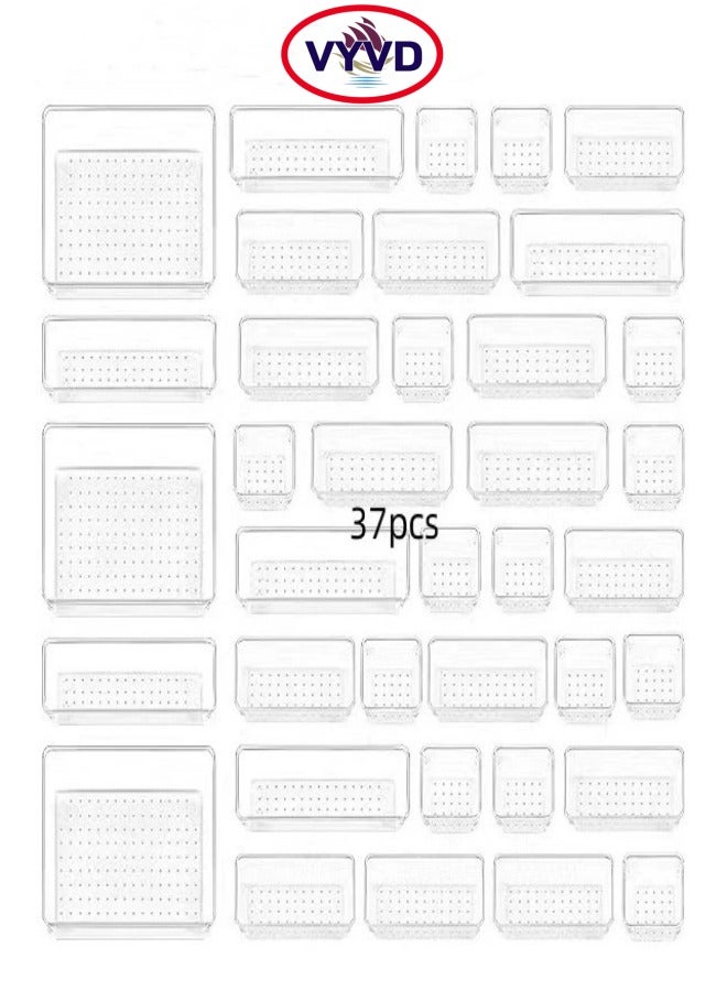 رحلة التنوعD مجموعة منظمات درج بلاستيكية شفافة تتألف من 37 قطعة، 4 أحجام من صواني منظمة للأدراج تستخدم لتنظيم مستحضرات التجميل والمجوهرات وأدوات المطبخ والأجهزة وملحقات المكتب - Image 2