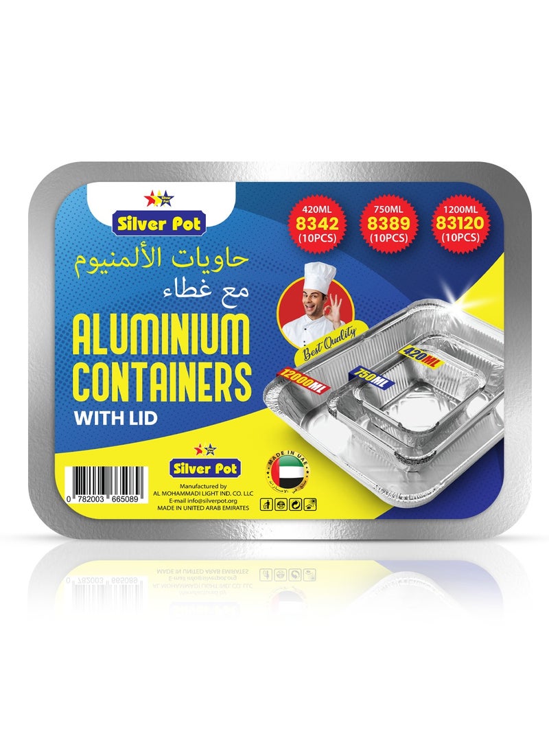 Silver Pot Disposable Aluminum Food Storage Containers – 30-Piece Set (10 x 420ml, 10 x 750ml, 10 x 1200ml) Containers with Lids – BPA-Free, Microwave and Freezer Safe - Image 1