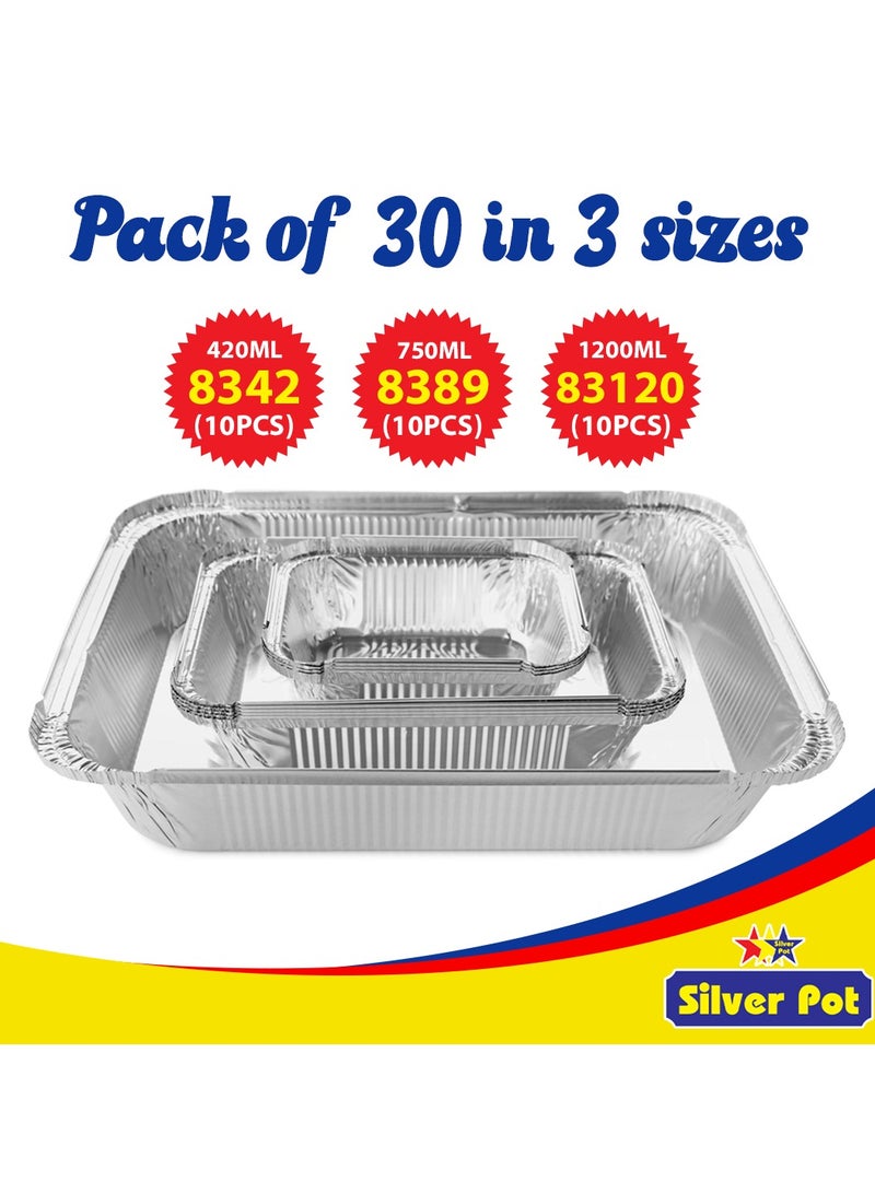 Silver Pot Disposable Aluminum Food Storage Containers – 30-Piece Set (10 x 420ml, 10 x 750ml, 10 x 1200ml) Containers with Lids – BPA-Free, Microwave and Freezer Safe - Image 2